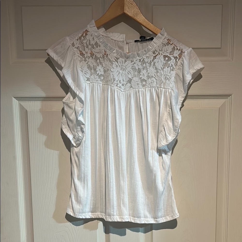 White Ruffled Bib Collar Blouse with Silver Embellishments